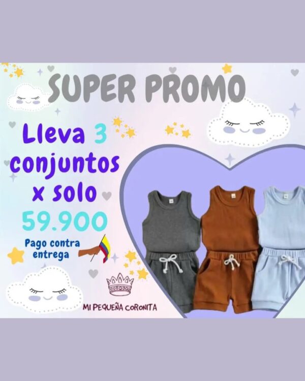 Promoción: 3 Conjuntos Unicolor (Esqueleto + Bermuda) por $59,900 – Tela Rib Algodón