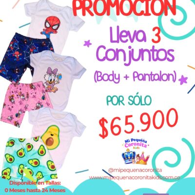 Promoción: 3 Conjuntos Animados para Bebé Niño y Niña (Body + Pantalón) por $65,900 – Algodón Hipoalergénico