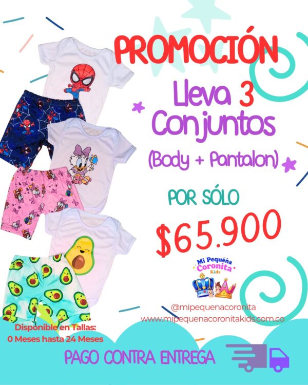 Promoción: 3 Conjuntos Animados para Bebé Niño y Niña (Body + Pantalón) por $65,900 – Algodón Hipoalergénico